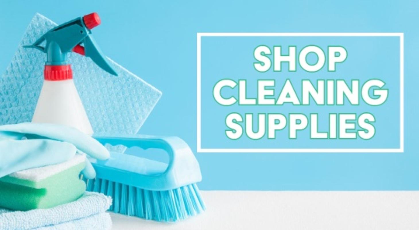 Cleaning Products and sponges and brushes on a white counter top and a link to shiptons cleaning products